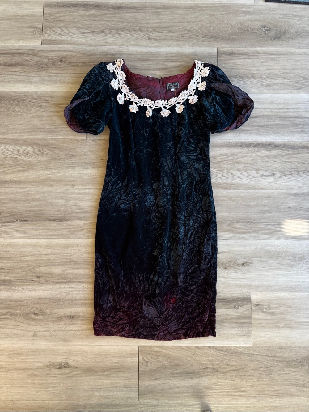 Vintage 80s-90s Goth Cachet Black Velvet Midi Dress with White Floral Neckline